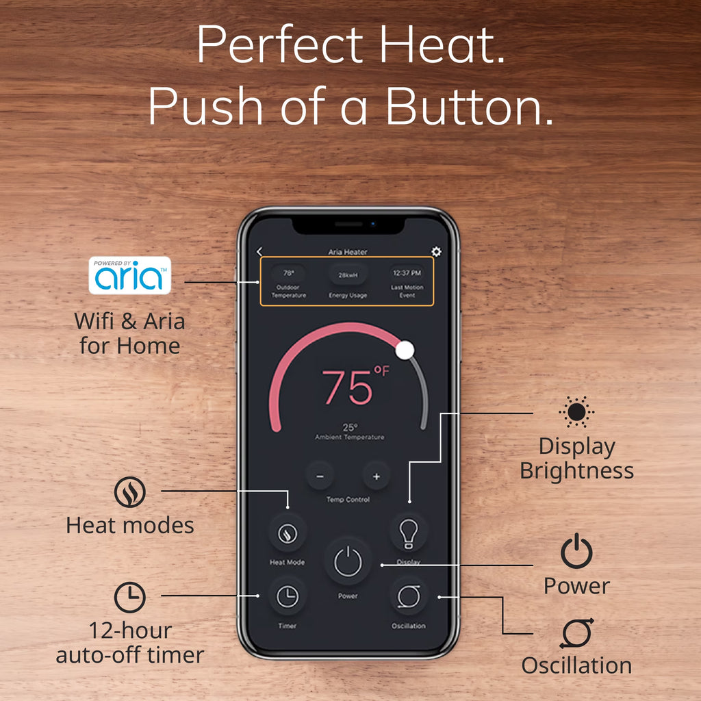 22" Smart Tower Heater Powered by Aria, Wifi, Works with Alexa, Google, Black, AR122