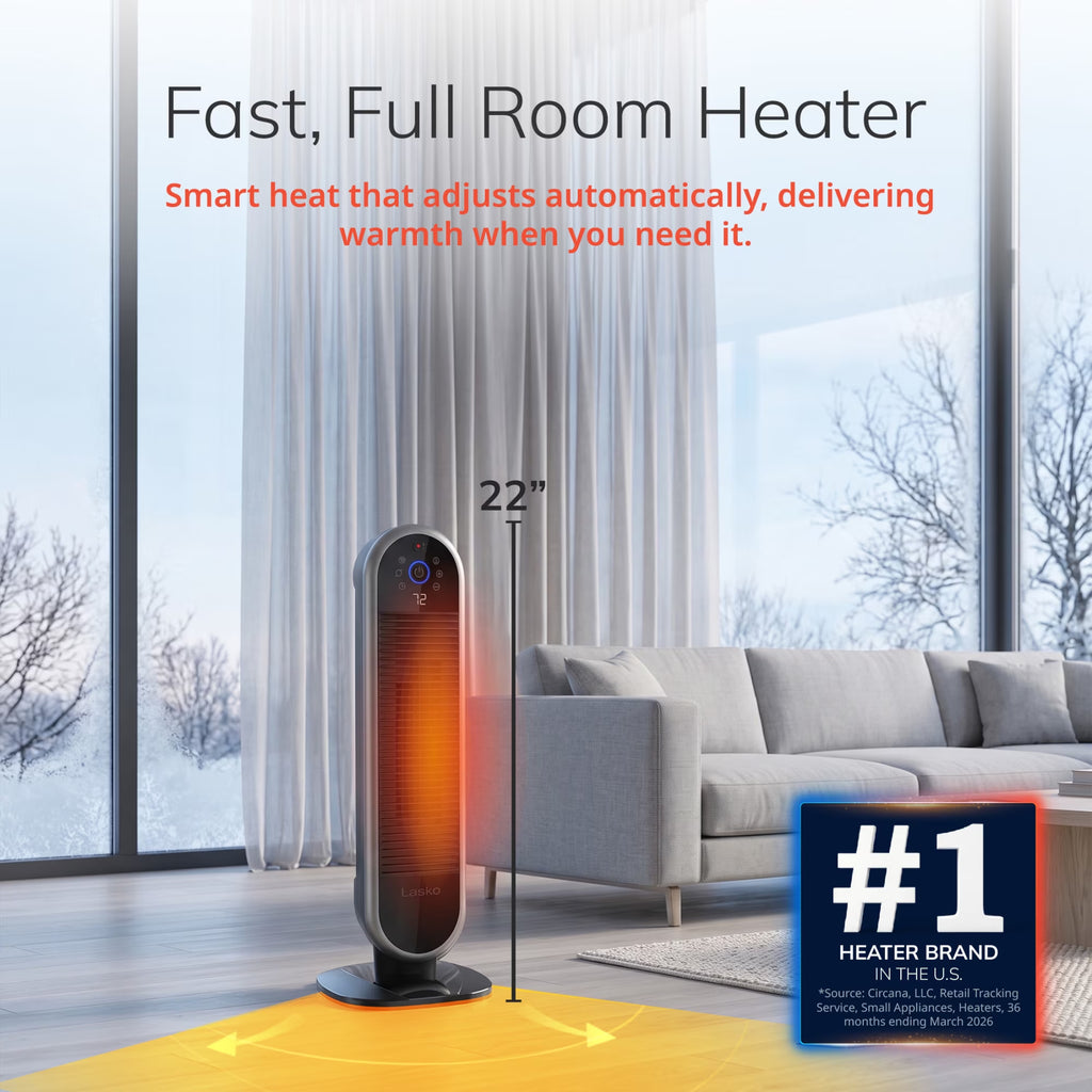 22" Smart Tower Heater Powered by Aria, Wifi, Works with Alexa, Google, Black, AR122