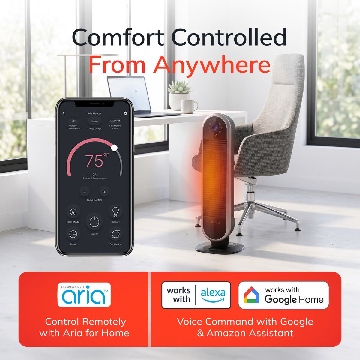 22" Smart Tower Heater Powered by Aria, Wifi, Works with Alexa, Google, Black, AR122